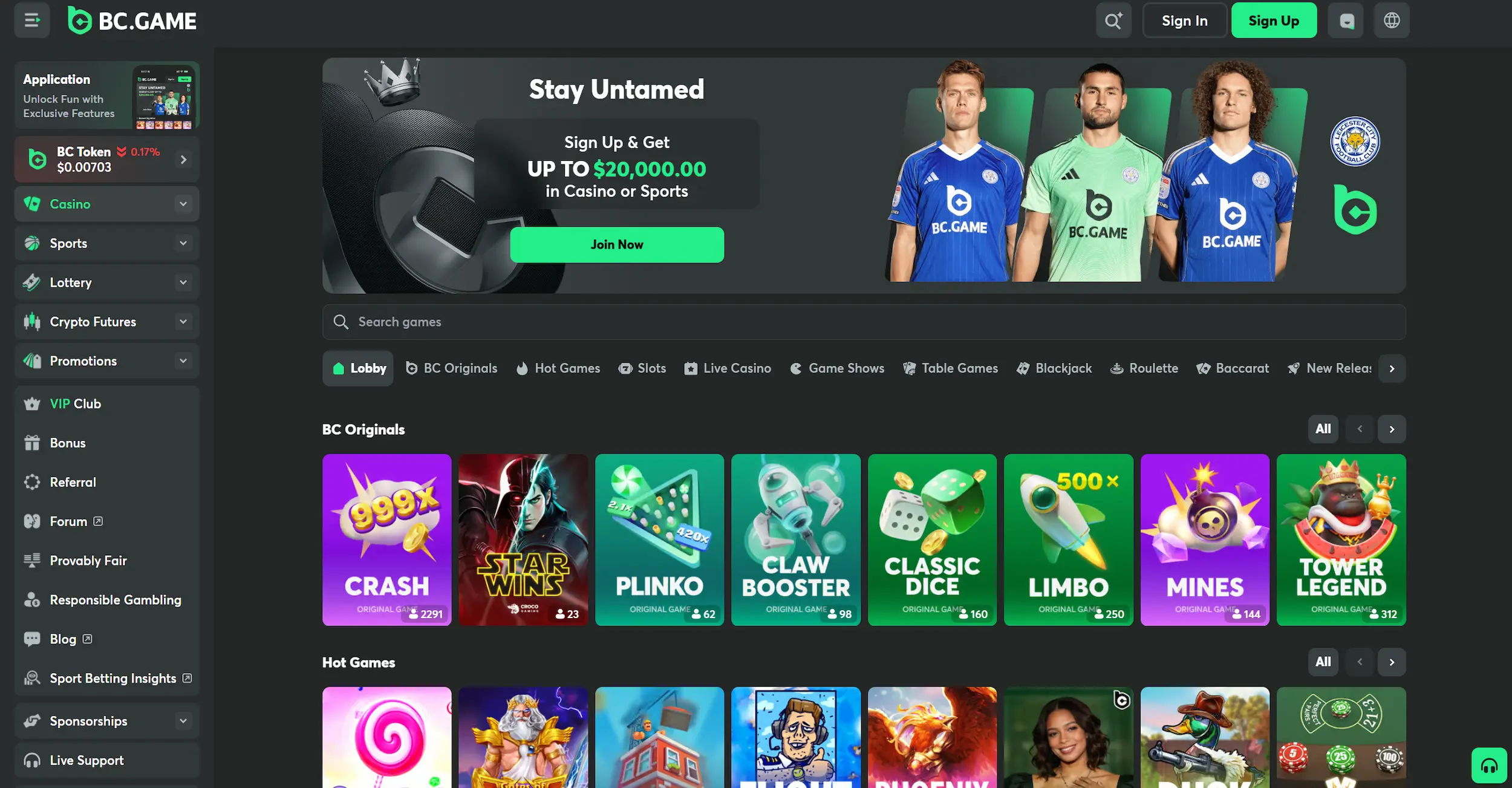 BC.Game casino page featuring welcome offer, selection of pokies, games and site navigation