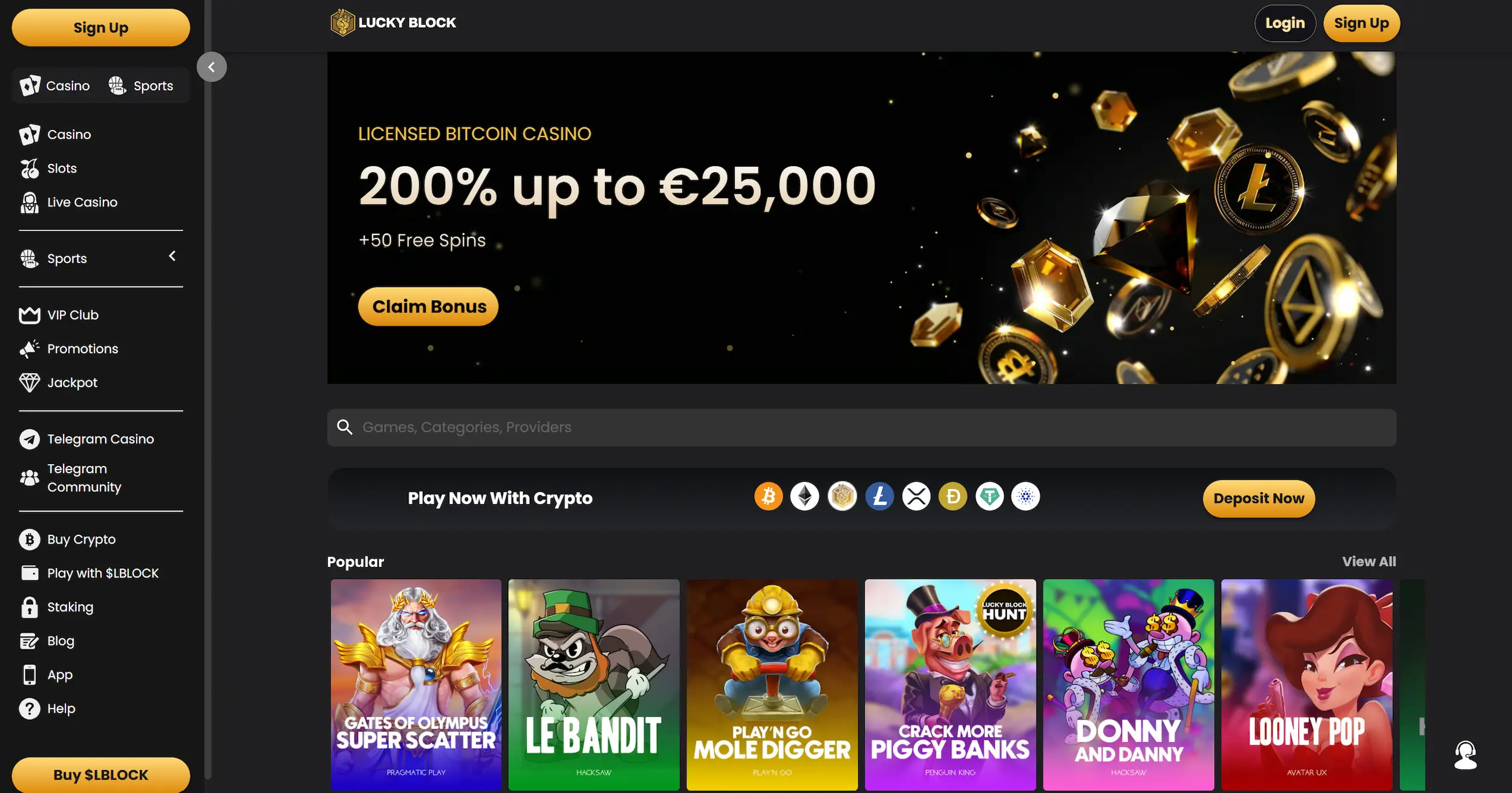 Lucky Block casino page showing welcome offer, selection of pokies and site navigation